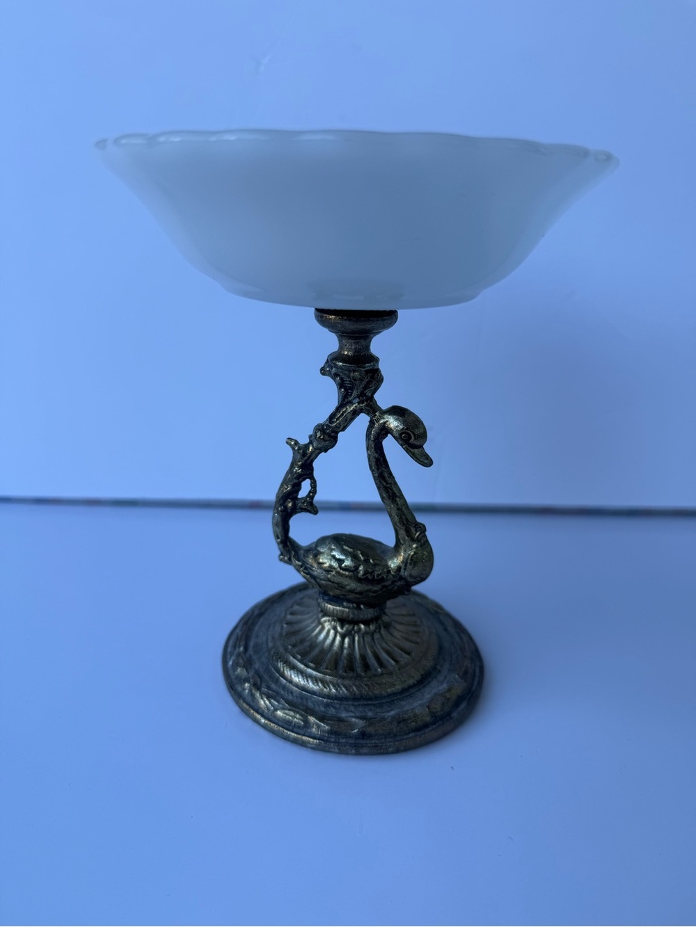 Vintage Swan Milk Glass Brass Soap Dish Vanity Jewelry Dish Candy Dish 6” Heavy